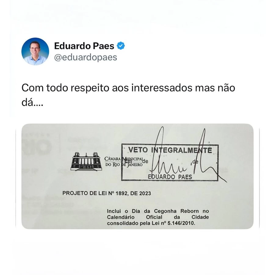 Eduardo Paes veta projeto que criaria o Dia da Cegonha Reborn no Rio