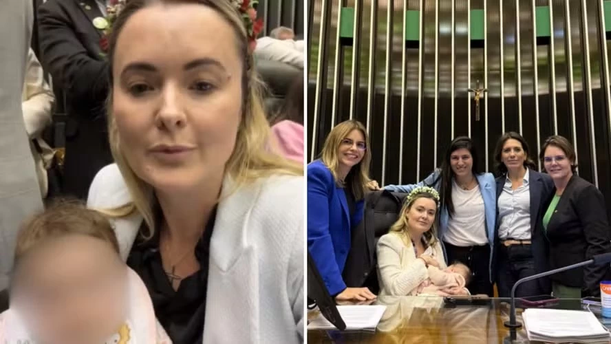 Câmara dos Deputados – Júlia Zanatta (PL-SC) leva filha de colo para o plenário durante protesto da base bolsonarista. (Foto: Reprodução)