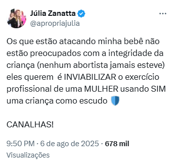 Deputada Júlia Zanatta (PL-SC) assume publicamente nas suas redes sociais que usou a filha como “escudo humano” durante protesto no plenário da Câmara dos Deputados. (Reprodução/X)